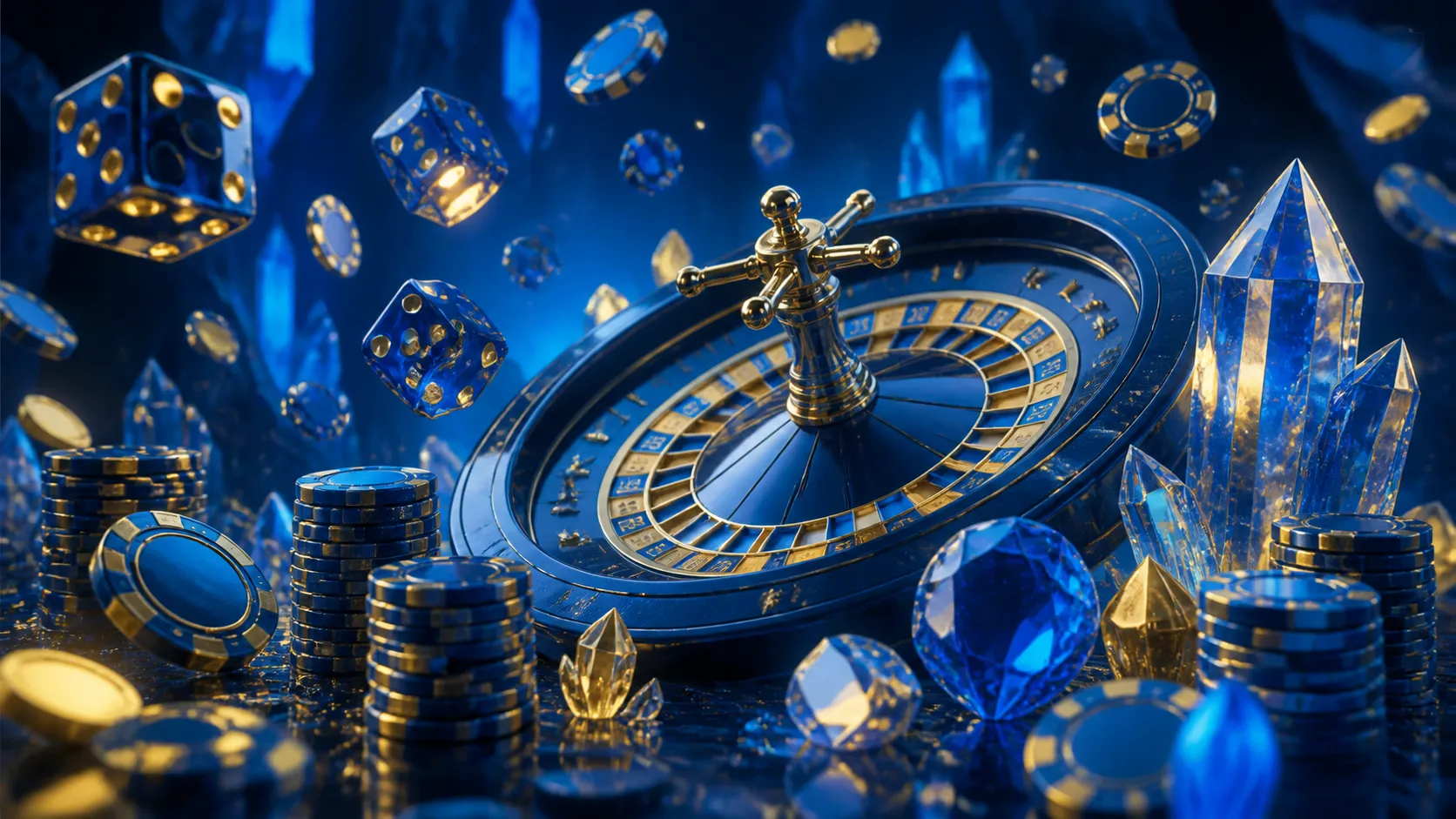 Luxurious casino-themed hero banner for Crystalroll, featuring floating poker chips and glowing dice with elegant highlights.